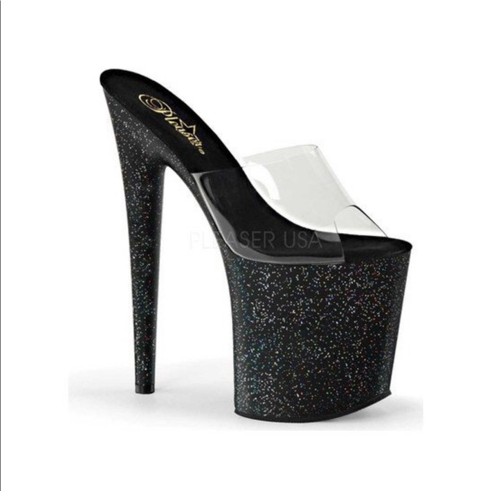 Pleaser Flamingo Platform Slide Black Glitter